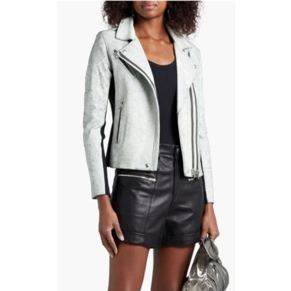 IRO Ilaria Ribbed Knit Paneled Cracked 100% Lamb Leather Moto Jacket Small NEW - Picture 12 of 12